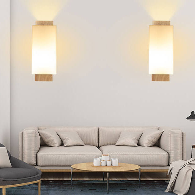 Moderne minimalistische solide Holzkuben-Glas-Säule 1-Lampe Wandleuchten