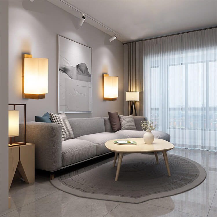 Moderne minimalistische solide Holzkuben-Glas-Säule 1-Lampe Wandleuchten