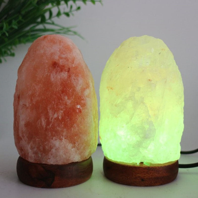 Himalayan Saltkristall-Sphärenlampe mit farbwechselnder LED und natürlicher Holzbasis