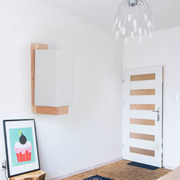 Moderne minimalistische solide Holzkuben-Glas-Säule 1-Lampe Wandleuchten