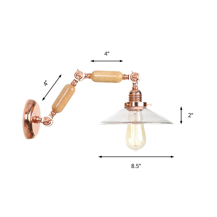 Klare Glas Holz Wandlampe Kegel 1-Licht Industrie-Wandleuchte mit ausziehbarem Arm