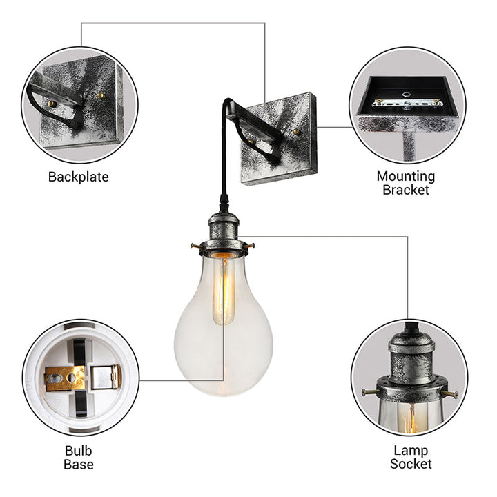 Schwarze Glühbirnen-Schirm-Wandleuchte Industrielles Klarglas 1 Licht Wohnzimmer Wandleuchten Leuchte