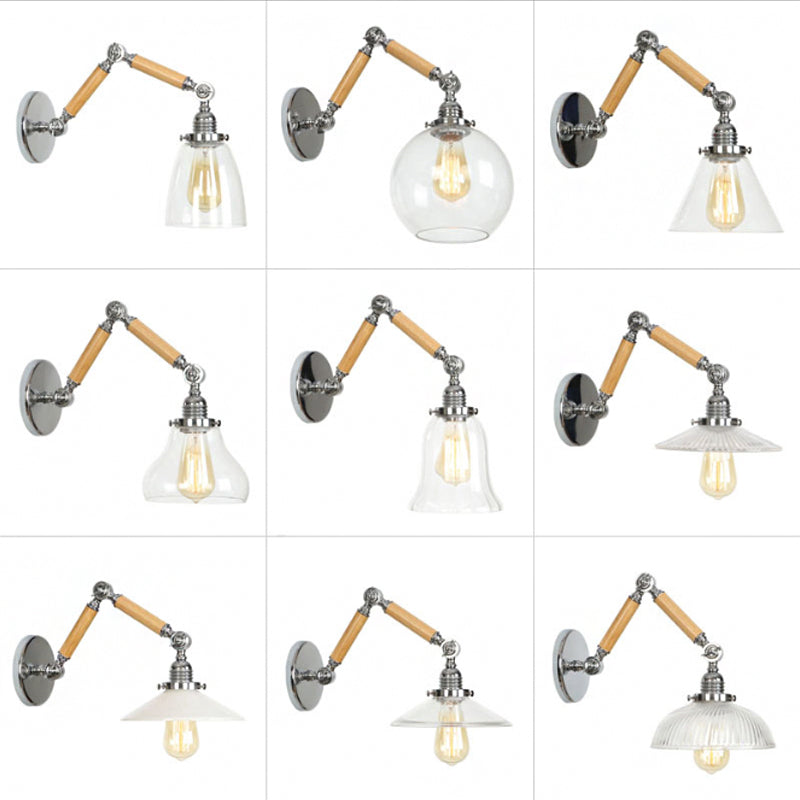 Braun-Silber 1-Glühbirne Lese-Wandleuchte Loft Klarglas Glühbirne/Teller/Glockenschirm Wandleuchten mit Holz 2-Gelenk verstellbarer Arm