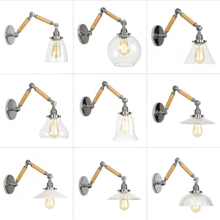 Braun-Silber 1-Glühbirne Lese-Wandleuchte Loft Klarglas Glühbirne/Teller/Glockenschirm Wandleuchten mit Holz 2-Gelenk verstellbarer Arm