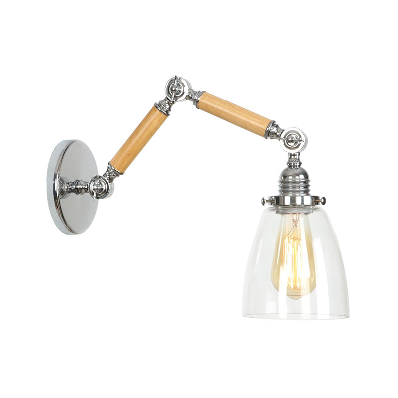 Braun-Silber 1-Glühbirne Lese-Wandleuchte Loft Klarglas Glühbirne/Teller/Glockenschirm Wandleuchten mit Holz 2-Gelenk verstellbarer Arm