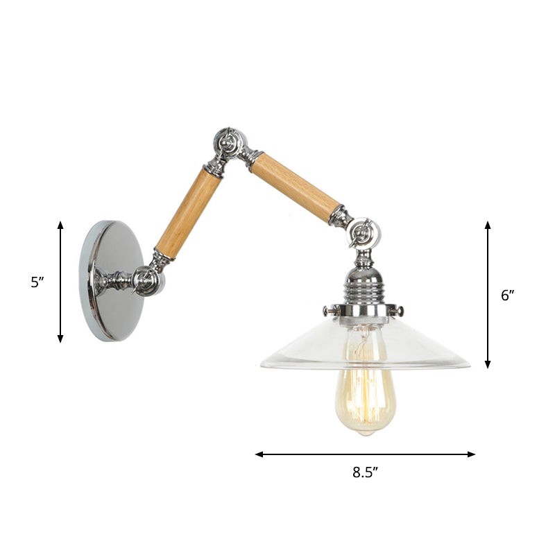 Braun-Silber 1-Glühbirne Lese-Wandleuchte Loft Klarglas Glühbirne/Teller/Glockenschirm Wandleuchten mit Holz 2-Gelenk verstellbarer Arm