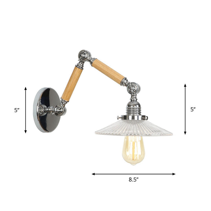 Braun-Silber 1-Glühbirne Lese-Wandleuchte Loft Klarglas Glühbirne/Teller/Glockenschirm Wandleuchten mit Holz 2-Gelenk verstellbarer Arm