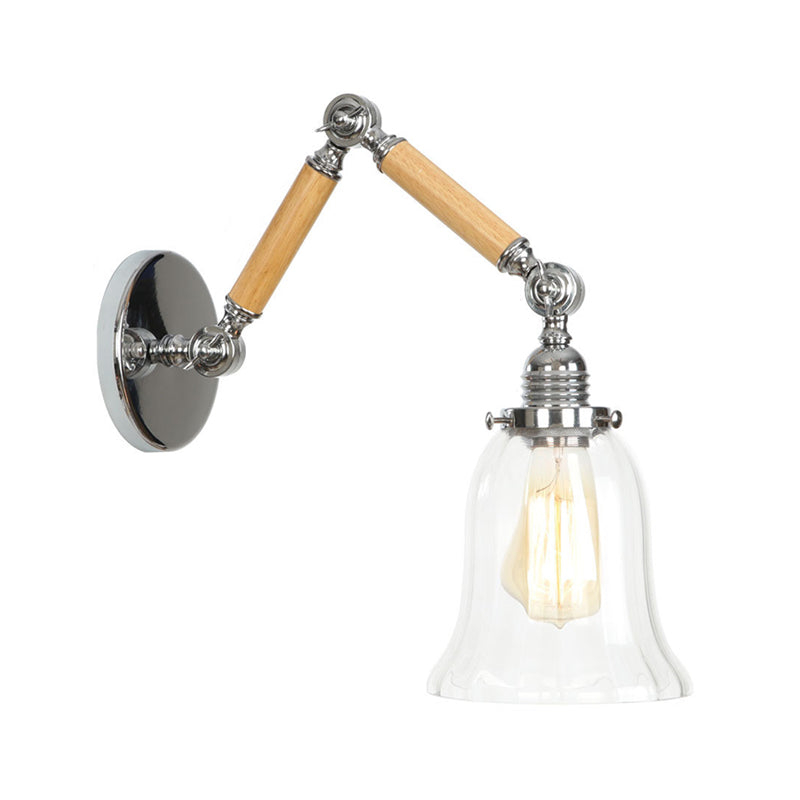 Braun-Silber 1-Glühbirne Lese-Wandleuchte Loft Klarglas Glühbirne/Teller/Glockenschirm Wandleuchten mit Holz 2-Gelenk verstellbarer Arm