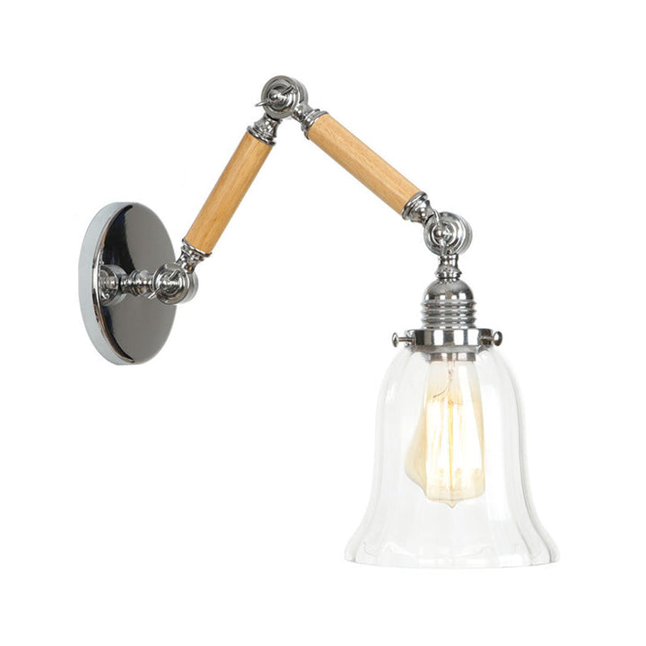 Braun-Silber 1-Glühbirne Lese-Wandleuchte Loft Klarglas Glühbirne/Teller/Glockenschirm Wandleuchten mit Holz 2-Gelenk verstellbarer Arm