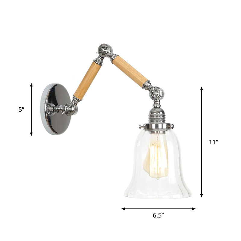 Braun-Silber 1-Glühbirne Lese-Wandleuchte Loft Klarglas Glühbirne/Teller/Glockenschirm Wandleuchten mit Holz 2-Gelenk verstellbarer Arm