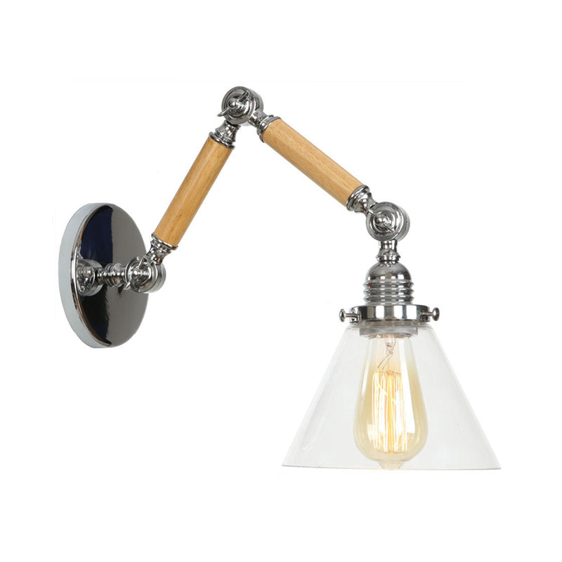 Braun-Silber 1-Glühbirne Lese-Wandleuchte Loft Klarglas Glühbirne/Teller/Glockenschirm Wandleuchten mit Holz 2-Gelenk verstellbarer Arm
