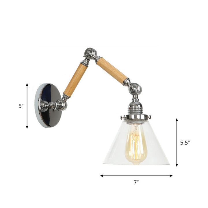 Braun-Silber 1-Glühbirne Lese-Wandleuchte Loft Klarglas Glühbirne/Teller/Glockenschirm Wandleuchten mit Holz 2-Gelenk verstellbarer Arm