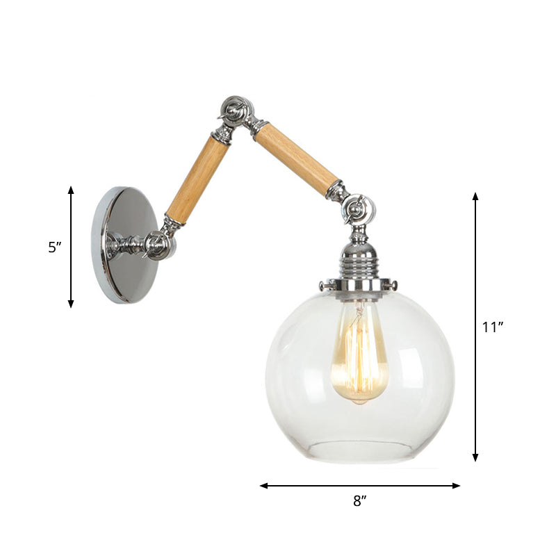 Braun-Silber 1-Glühbirne Lese-Wandleuchte Loft Klarglas Glühbirne/Teller/Glockenschirm Wandleuchten mit Holz 2-Gelenk verstellbarer Arm
