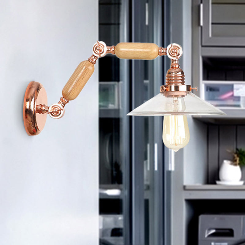 Klare Glas Holz Wandlampe Kegel 1-Licht Industrie-Wandleuchte mit ausziehbarem Arm