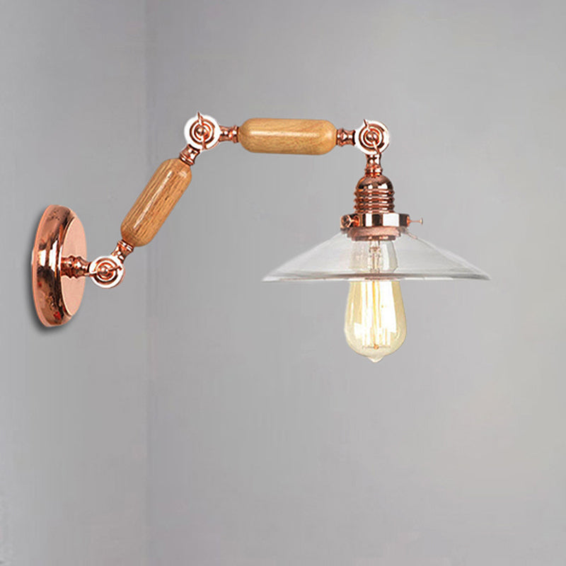 Klare Glas Holz Wandlampe Kegel 1-Licht Industrie-Wandleuchte mit ausziehbarem Arm