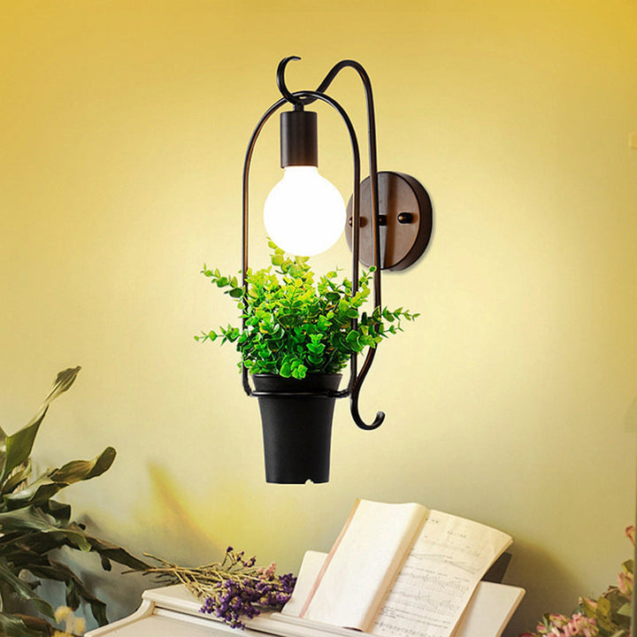 Topfpflanze Restaurant Wandlampe Industrie Metall 1 Leuchte Schwarz LED Wandbeleuchtung