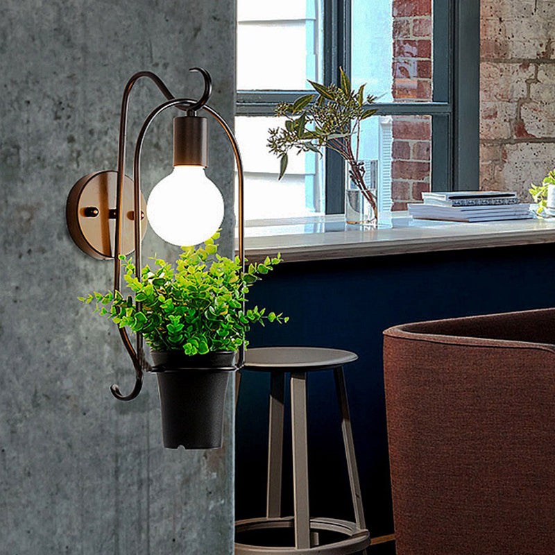 Topfpflanze Restaurant Wandlampe Industrie Metall 1 Leuchte Schwarz LED Wandbeleuchtung