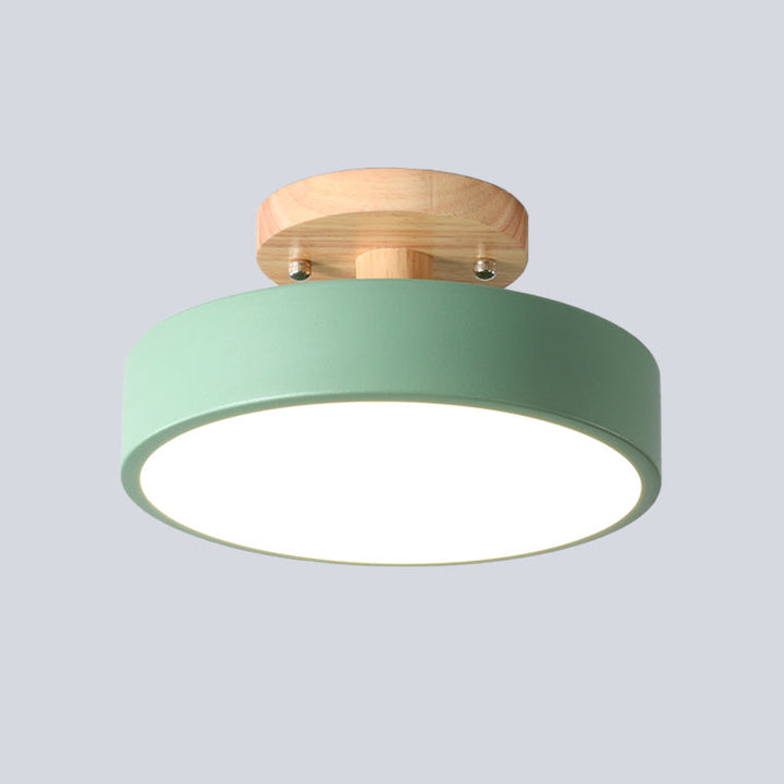 Skandinavische LED-Deckenleuchte mit Holz | Moderne Trommelform für Flure und Eingänge | Energieeffiziente Beleuchtung