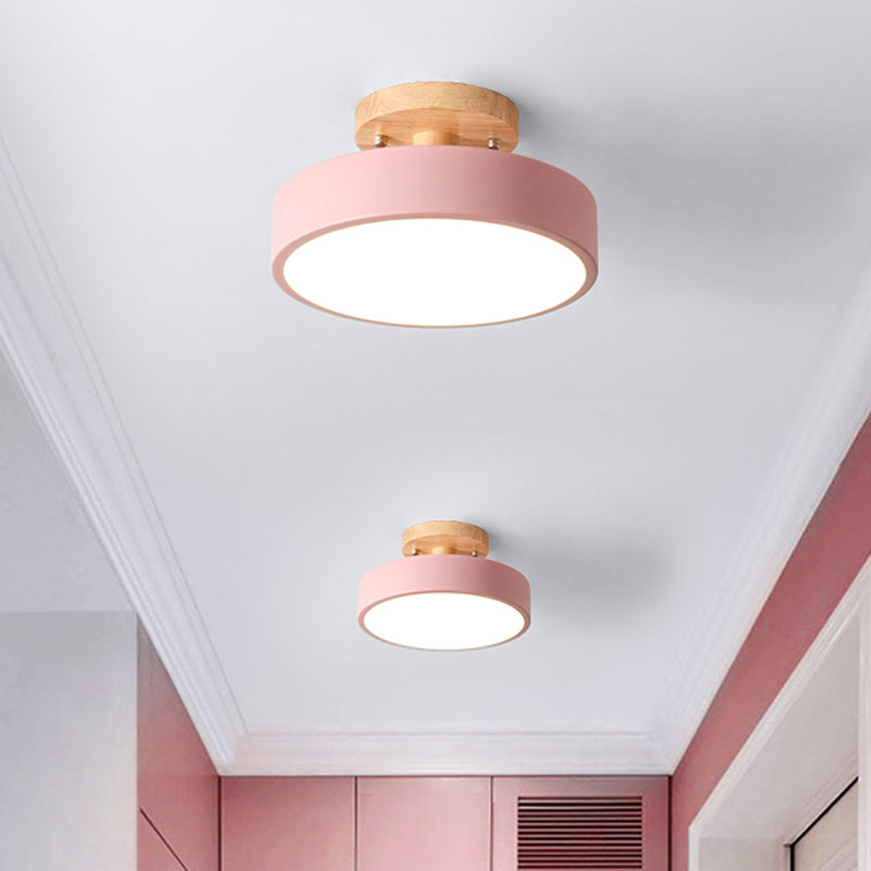 Skandinavische LED-Deckenleuchte mit Holz | Moderne Trommelform für Flure und Eingänge | Energieeffiziente Beleuchtung