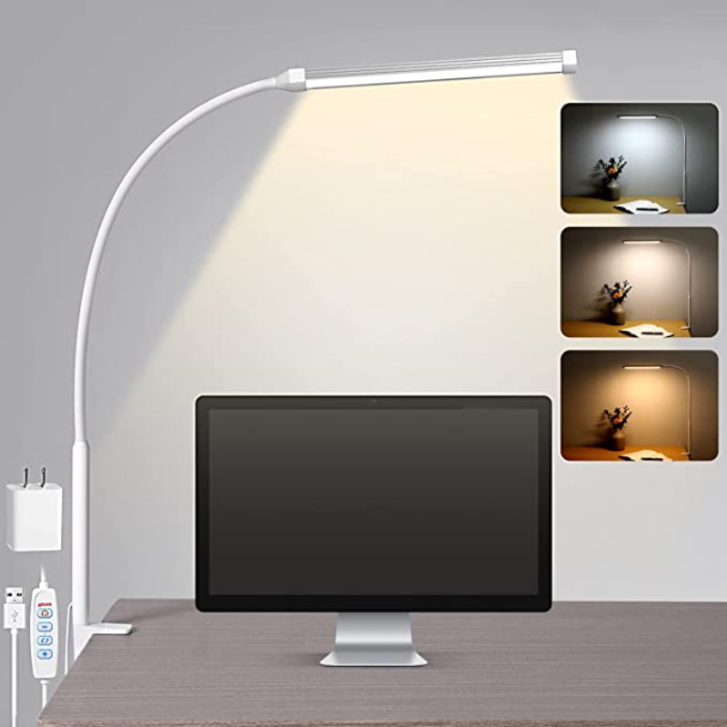 LED Schreibtischlampe mit Lampe, augenfreundliche Clamp-On Lichter für das Home Office, 3 Modi 10 Helligkeitsstufen, langer flexibler Schwanenhals, Metall, Schwenkarm Architekten-Arbeitsplatzlampen mit USB-Adapter, Weiß