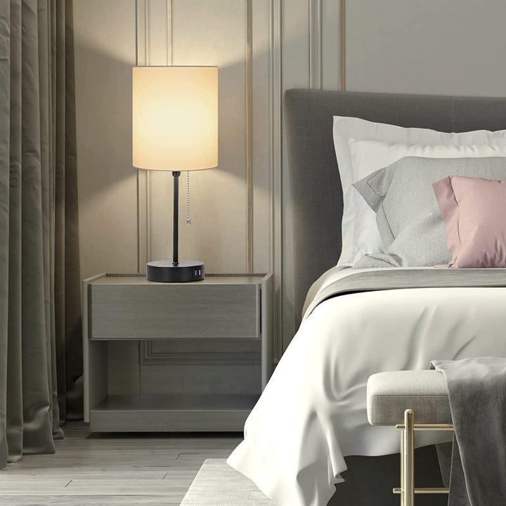 Tischlampen-Set von 2 mit USB-Ladeanschlüssen, graue Nachttischlampen mit AC-Steckdose, Nachttischlampen mit Zugschalter, minimalistische moderne Schreibtischlampen mit текстilschirm für Wohnzimmer Schlafzimmer Büro