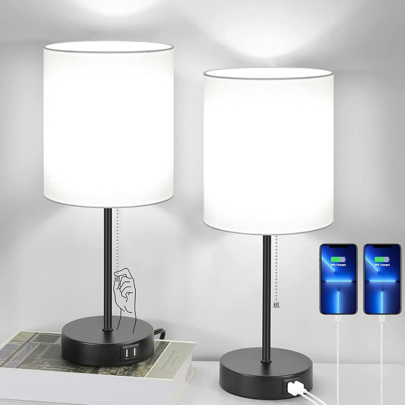 Tischlampen-Set von 2 mit USB-Ladeanschlüssen, graue Nachttischlampen mit AC-Steckdose, Nachttischlampen mit Zugschalter, minimalistische moderne Schreibtischlampen mit текстilschirm für Wohnzimmer Schlafzimmer Büro