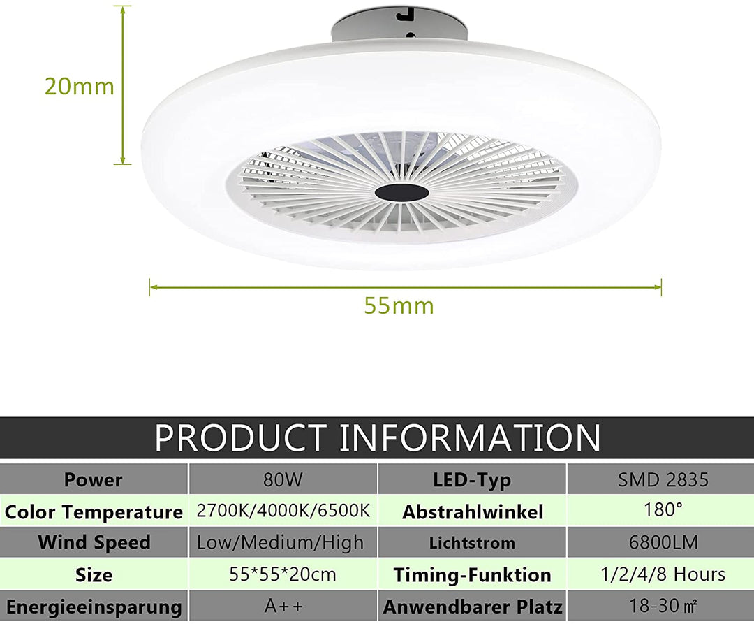 Deckenventilator mit Beleuchtung 80W mit Fernbedienung