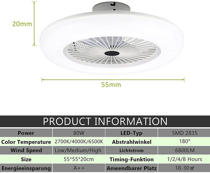 Deckenventilator mit Beleuchtung 80W mit Fernbedienung