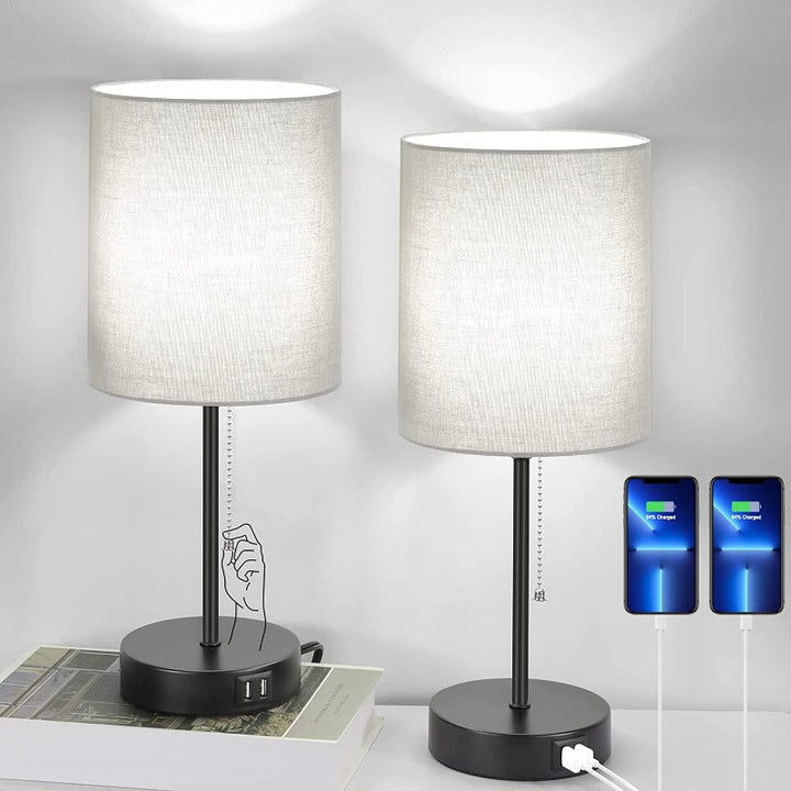 Tischlampen-Set von 2 mit USB-Ladeanschlüssen, graue Nachttischlampen mit AC-Steckdose, Nachttischlampen mit Zugschalter, minimalistische moderne Schreibtischlampen mit текстilschirm für Wohnzimmer Schlafzimmer Büro
