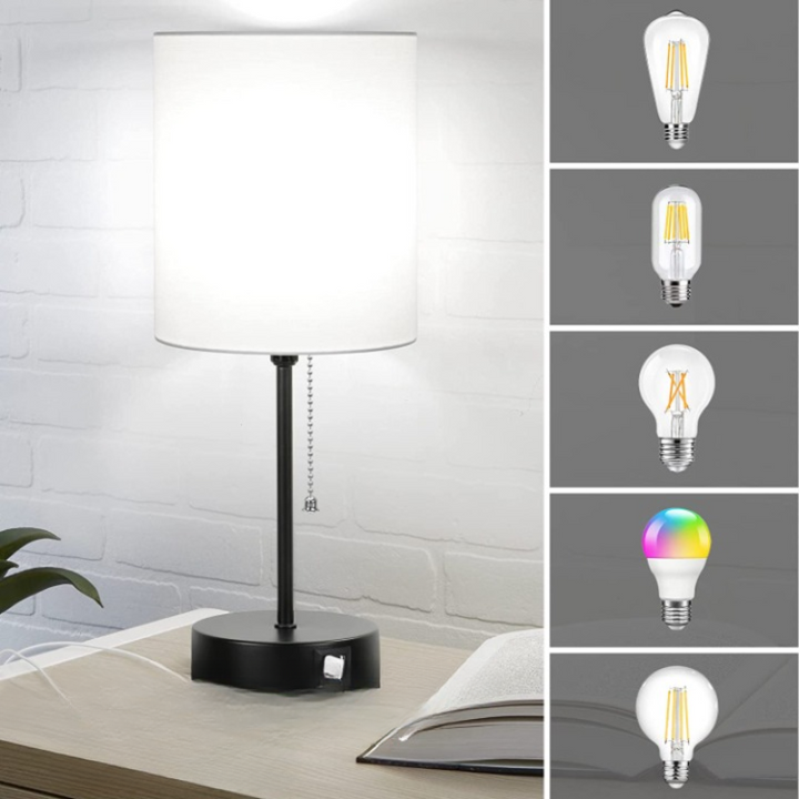 Tischlampen-Set von 2 mit USB-Ladeanschlüssen, graue Nachttischlampen mit AC-Steckdose, Nachttischlampen mit Zugschalter, minimalistische moderne Schreibtischlampen mit текстilschirm für Wohnzimmer Schlafzimmer Büro