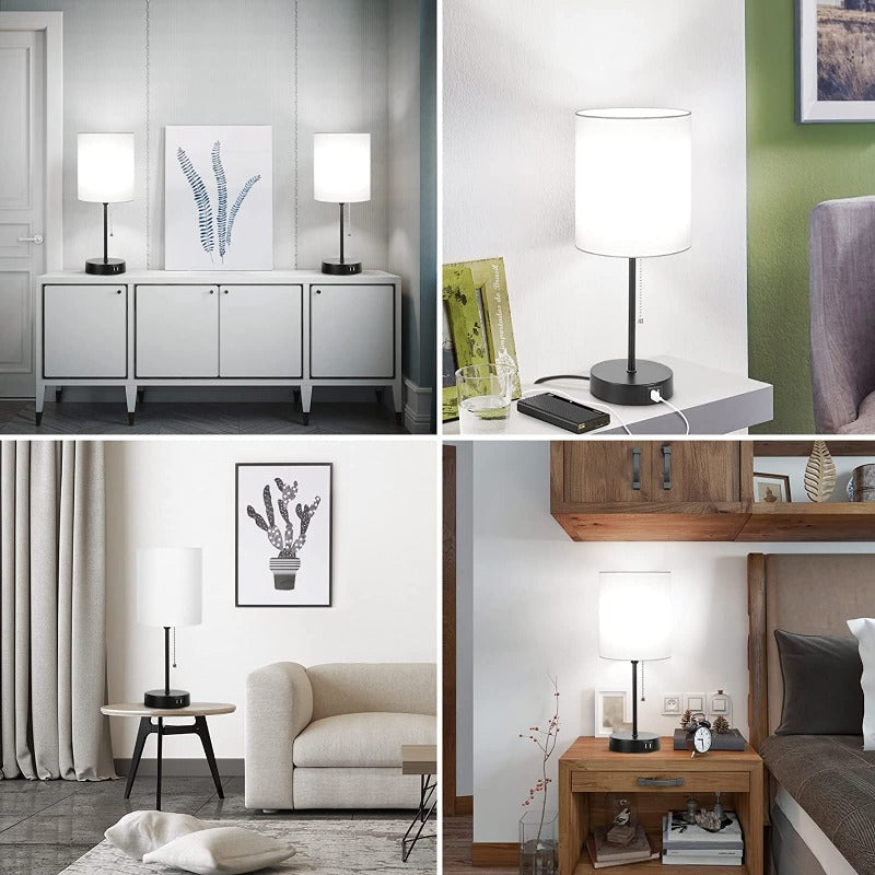 Tischlampen-Set von 2 mit USB-Ladeanschlüssen, graue Nachttischlampen mit AC-Steckdose, Nachttischlampen mit Zugschalter, minimalistische moderne Schreibtischlampen mit текстilschirm für Wohnzimmer Schlafzimmer Büro