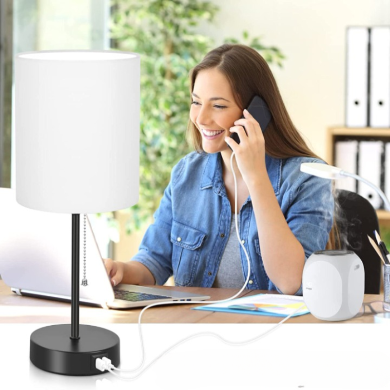 Tischlampen-Set von 2 mit USB-Ladeanschlüssen, graue Nachttischlampen mit AC-Steckdose, Nachttischlampen mit Zugschalter, minimalistische moderne Schreibtischlampen mit текстilschirm für Wohnzimmer Schlafzimmer Büro