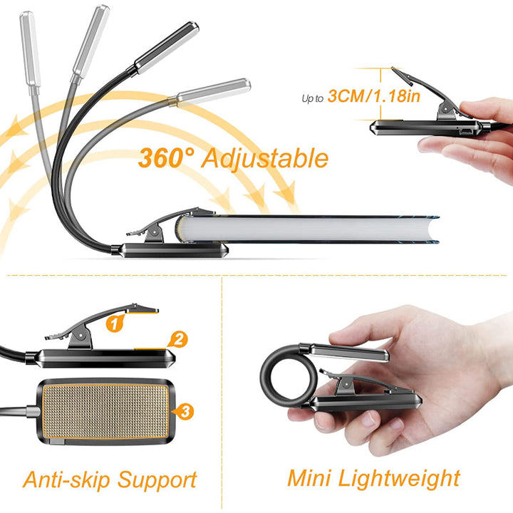 Kaufen Sie 9 LED USB wiederaufladbare Leselampe zum Lesen im Bett - augenfreundlich, stufenlos dimmbar | Kleine leichte Clip-On-Leselampe