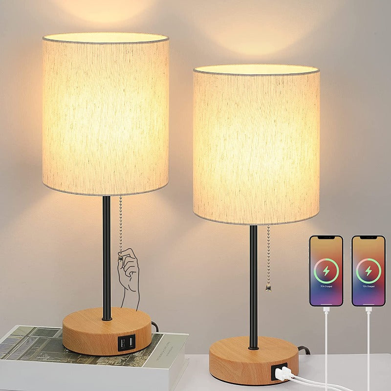 Tischlampen-Set von 2 mit USB-Ladeanschlüssen, graue Nachttischlampen mit AC-Steckdose, Nachttischlampen mit Zugschalter, minimalistische moderne Schreibtischlampen mit текстilschirm für Wohnzimmer Schlafzimmer Büro