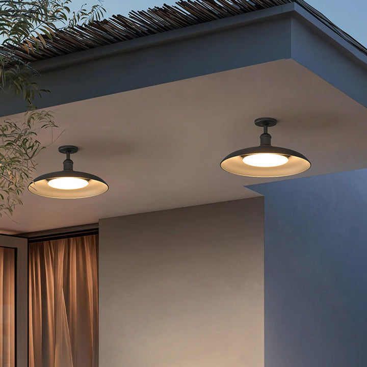 Traditionelle Vintage Wasserdichte Ausgeflogene Zylinder Scheibenbasis Eisen 1-Lampe Halboffene Deckenleuchte Für Außenpatio