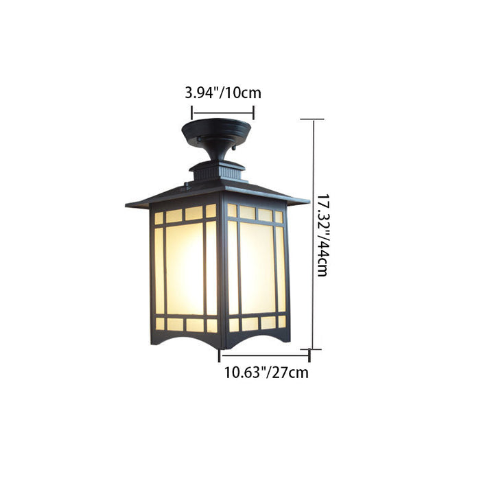 Traditionelle chinesische wasserdichte Eisen-Aluminium-Glas-Zylinder-Pergola 1-Licht Semi-Flush-Mount-Deckenleuchte Außenleuchte für Patio im Freien