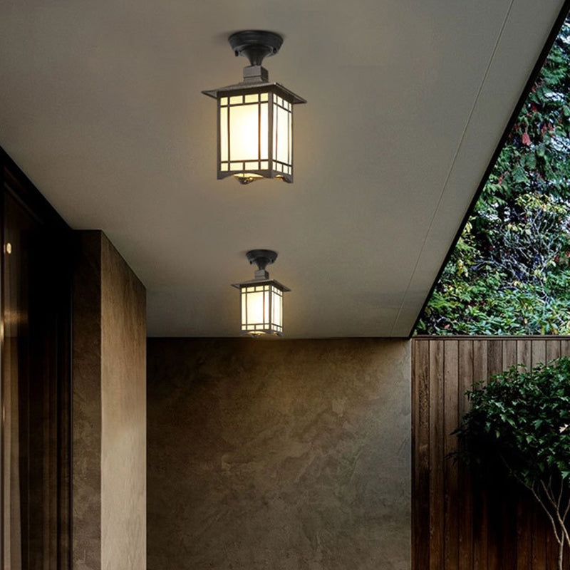 Traditionelle chinesische wasserdichte Eisen-Aluminium-Glas-Zylinder-Pergola 1-Licht Semi-Flush-Mount-Deckenleuchte Außenleuchte für Patio im Freien