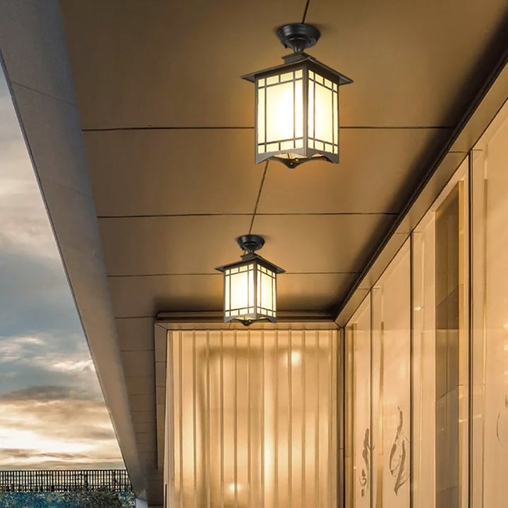 Traditionelle chinesische wasserdichte Eisen-Aluminium-Glas-Zylinder-Pergola 1-Licht Semi-Flush-Mount-Deckenleuchte Außenleuchte für Patio im Freien