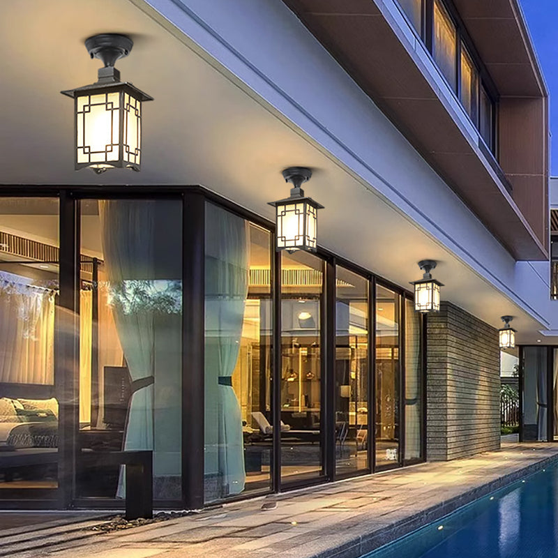 Traditionelle chinesische wasserdichte Eisen-Aluminium-Glas-Zylinder-Pergola 1-Licht Semi-Flush-Mount-Deckenleuchte Außenleuchte für Patio im Freien
