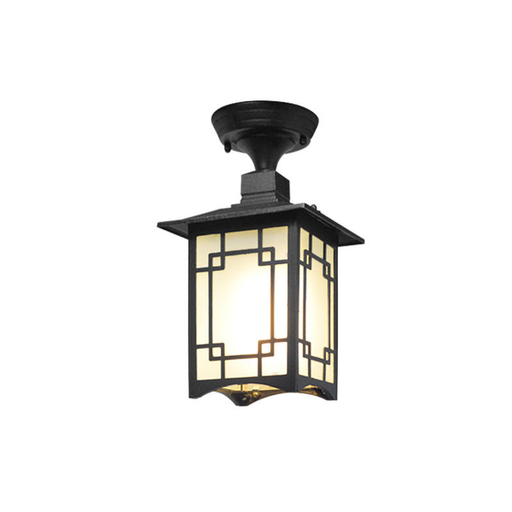 Traditionelle chinesische wasserdichte Eisen-Aluminium-Glas-Zylinder-Pergola 1-Licht Semi-Flush-Mount-Deckenleuchte Außenleuchte für Patio im Freien