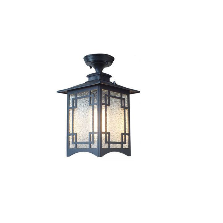 Traditionelle chinesische wasserdichte Eisen-Aluminium-Glas-Zylinder-Pergola 1-Licht Semi-Flush-Mount-Deckenleuchte Außenleuchte für Patio im Freien