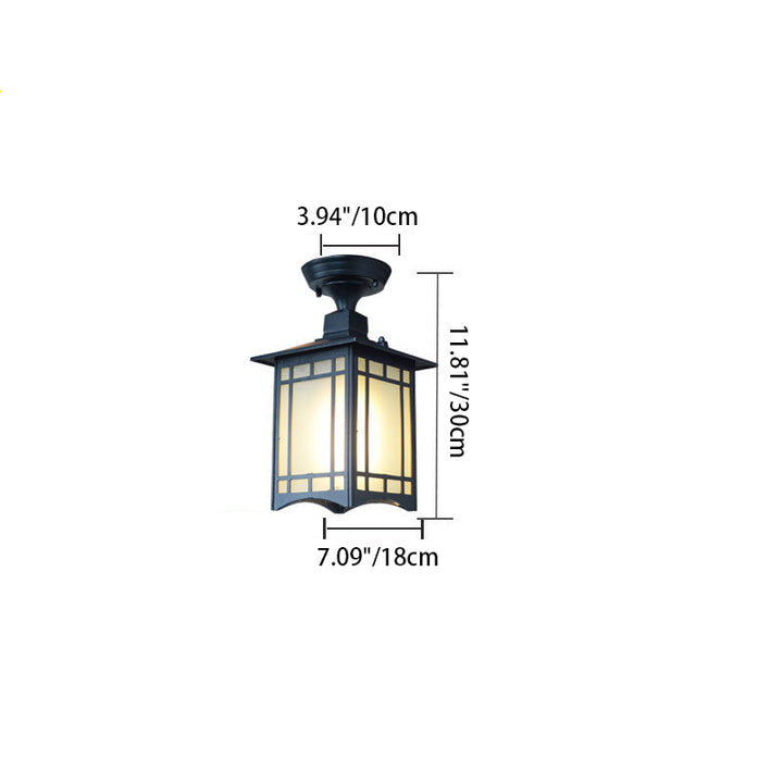 Traditionelle chinesische wasserdichte Eisen-Aluminium-Glas-Zylinder-Pergola 1-Licht Semi-Flush-Mount-Deckenleuchte Außenleuchte für Patio im Freien