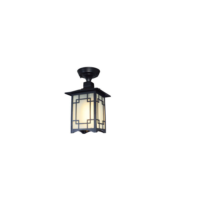 Traditionelle chinesische wasserdichte Eisen-Aluminium-Glas-Zylinder-Pergola 1-Licht Semi-Flush-Mount-Deckenleuchte Außenleuchte für Patio im Freien