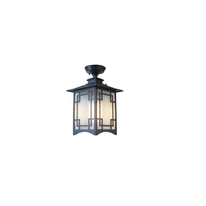 Traditionelle chinesische wasserdichte Eisen-Aluminium-Glas-Zylinder-Pergola 1-Licht Semi-Flush-Mount-Deckenleuchte Außenleuchte für Patio im Freien