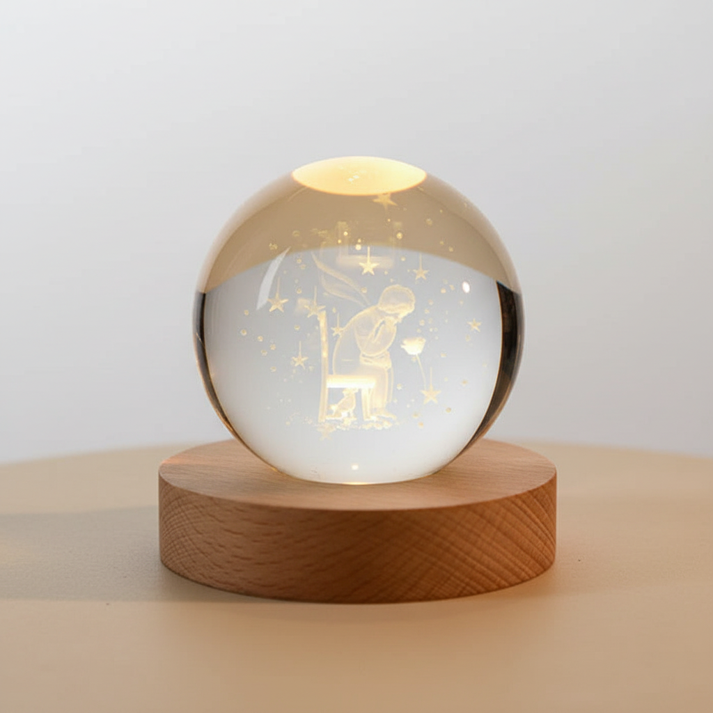 AstroGlobe 3D Lampe – Sphärische Holz-Tischlampe mit warmem LED-Licht und Planetendesign