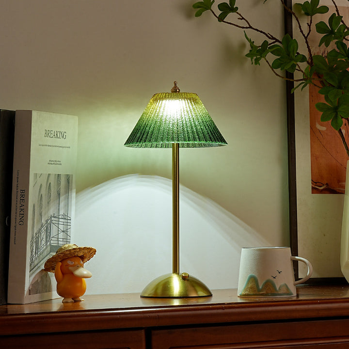 Rippenglas-Schirm Schreibtischlampe mit gebürstetem Messingstamm