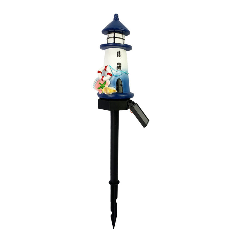 Resin-Leuchtturm-LED-Gartensteckerlampe mit integriertem Solarpanel und Rettungsring-Ornament