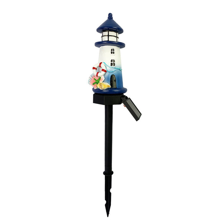 Resin-Leuchtturm-LED-Gartensteckerlampe mit integriertem Solarpanel und Rettungsring-Ornament