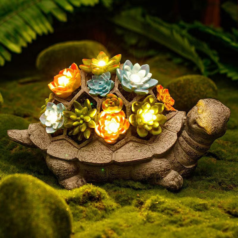 Solarbetriebene Gartenzwerg-Skulptur mit integrierten LED-Fairy Lights und Schildkröten-Topf