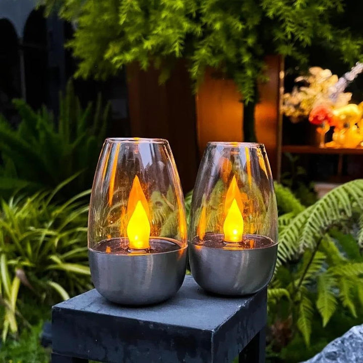 LED flammenlose Glas Teelichtlaterne Paar mit realistischem Flackerflame und Metallbasis